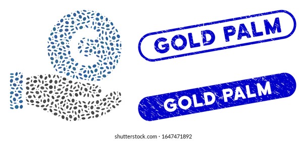 Mosaic cent payment hand and corroded stamp seals with Gold Palm text. Mosaic vector cent payment hand is designed with randomized elliptic dots. Gold Palm stamp seals use blue color,