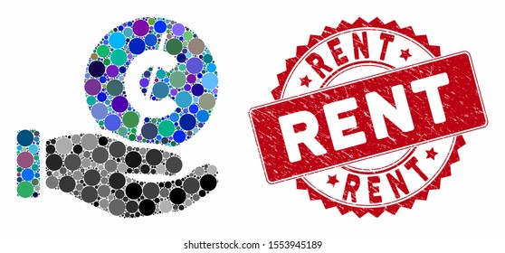 Mosaic cent payment hand and rubber stamp seal with Rent text. Mosaic vector is created with cent payment hand icon and with random spheric elements. Rent stamp seal uses red color,