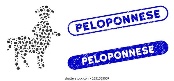 Mosaic centaur and corroded stamp seals with Peloponnese caption. Mosaic vector centaur is designed with randomized elliptic dots. Peloponnese stamp seals use blue color,