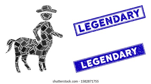 Mosaic centaur pictogram and rectangle Legendary seal stamps. Flat vector centaur mosaic pictogram of randomized rotated rectangle items. Blue Legendary seal stamps with scratched surface.