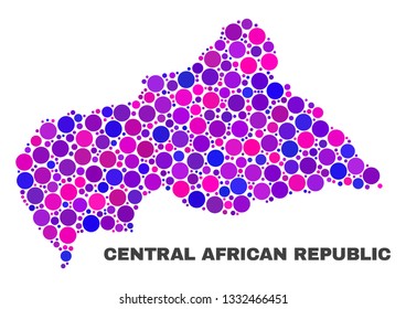 Mosaic Central African Republic map isolated on a white background. Vector geographic abstraction in pink and violet colors. Mosaic of Central African Republic map combined of random circle items.