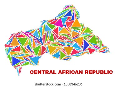 Mosaic Central African Republic map of triangles in bright colors isolated on a white background. Triangular collage in shape of Central African Republic map. Abstract design for patriotic purposes.