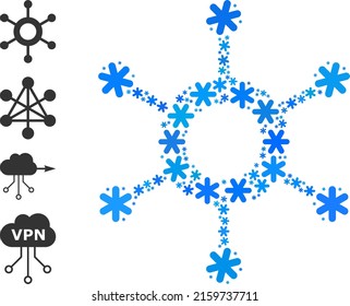 Icono de conexión central mosaico se crea para invierno, Año Nuevo, Navidad. El mosaico del icono de conexión central está hecho de iconos de nieve azul claro. Se agregan algunos iconos similares.