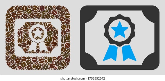 Mosaic certificate of coffee beans and basic icon. Stencil mosaic certificate is composed of cocoa beans. Flat vector illustrations elements for coffeeshop illustrations.