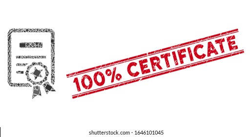 Mosaic certificate icon and red 100 Percent Certificate stamp between double parallel lines. Flat vector certificate mosaic icon of random rotated rectangle elements.