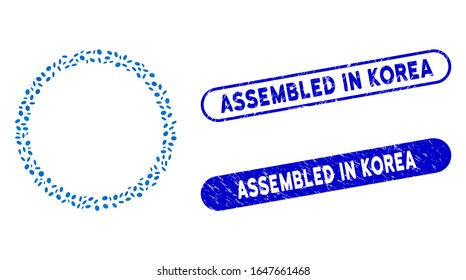 Mosaic certificate rosette frame and grunge stamp seals with Assembled in Korea phrase. Mosaic vector certificate rosette frame is created with random ellipse dots.