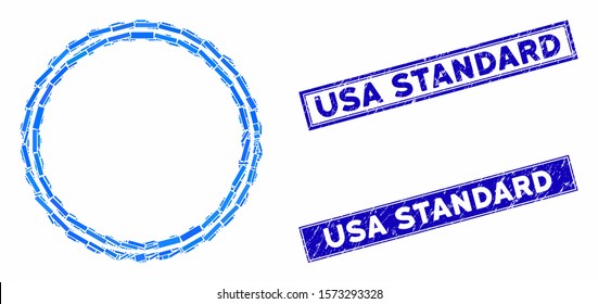 Mosaic certificate round rosette frame icon and rectangular USA Standard seal stamps. Flat vector certificate round rosette frame mosaic icon of randomized rotated rectangle items.