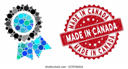 Mosaic certification and corroded stamp watermark with Made in Canada phrase. Mosaic vector is designed with certification icon and with random spheric spots. Made in Canada stamp seal uses red color,