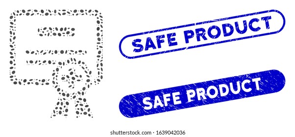 Mosaic certification and distressed stamp watermarks with Safe Product text. Mosaic vector certification is composed with randomized elliptic items. Safe Product stamp seals use blue color,