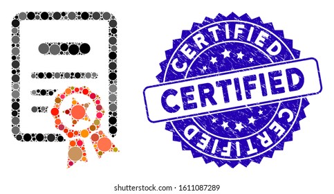 Mosaic certified diploma icon and rubber stamp seal with Certified text. Mosaic vector is designed with certified diploma icon and with scattered spheric spots. Certified stamp seal uses blue color,