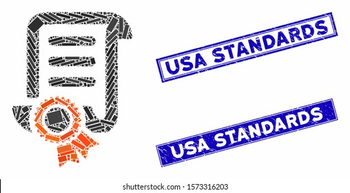 Mosaic certified scroll document pictogram and rectangular USA Standards stamps. Flat vector certified scroll document mosaic pictogram of random rotated rectangular elements.