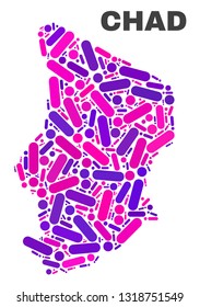 Mosaic Chad map isolated on a white background. Vector geographic abstraction in pink and violet colors. Mosaic of Chad map combined of scattered circle points and lines.