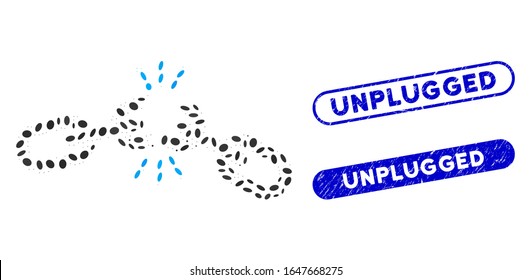 Mosaic chain damage and corroded stamp seals with Unplugged phrase. Mosaic vector chain damage is composed with scattered ellipse dots. Unplugged stamp seals use blue color,