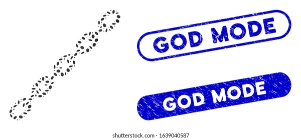 Mosaic chain and rubber stamp watermarks with God Mode text. Mosaic vector chain is designed with random ellipse dots. God Mode stamp seals use blue color, and have round rectangle shape.