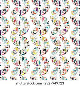 Mosaic chainlink vector pattern background. Colorful vertical rows of abstract interlocked style half moon shapes on white backdrop. Parallel zig zag geometric tessellated repeat for summer, sport.