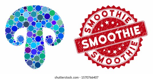Mosaic champignon mushroom and grunge stamp seal with Smoothie phrase. Mosaic vector is created with champignon mushroom icon and with randomized circle spots. Smoothie stamp seal uses red color,