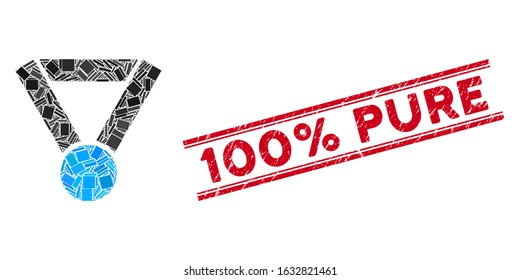 Mosaic champion award pictogram and red 100% Pure watermark between double parallel lines. Flat vector champion award mosaic pictogram of randomized rotated rectangle elements.