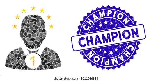 Mosaic champion icon and distressed stamp seal with Champion text. Mosaic vector is formed with champion icon and with random round spots. Champion stamp seal uses blue color, and scratched texture.