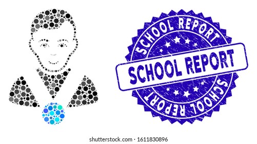 Mosaic champion icon and grunge stamp seal with School Report caption. Mosaic vector is composed with champion icon and with scattered circle items. School Report stamp seal uses blue color,