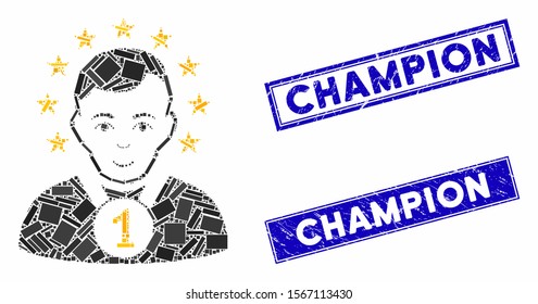 Mosaic champion icon and rectangle watermarks. Flat vector champion mosaic icon of random rotated rectangle items. Blue caption watermarks with distress texture.