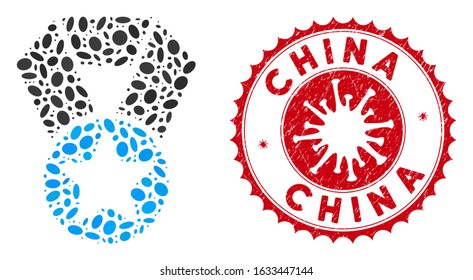 Mosaic champion medal icon and red rounded distressed stamp seal with China text and coronavirus symbol. Mosaic vector is composed with champion medal pictogram and with random oval elements.