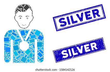Mosaic champion pictogram and rectangular Silver stamps. Flat vector champion mosaic pictogram of scattered rotated rectangular elements. Blue Silver stamps with grunge surface.