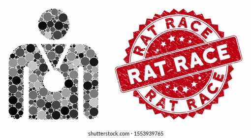 Mosaic champion and rubber stamp seal with Rat Race text. Mosaic vector is created with champion icon and with scattered round spots. Rat Race stamp seal uses red color, and distress surface.