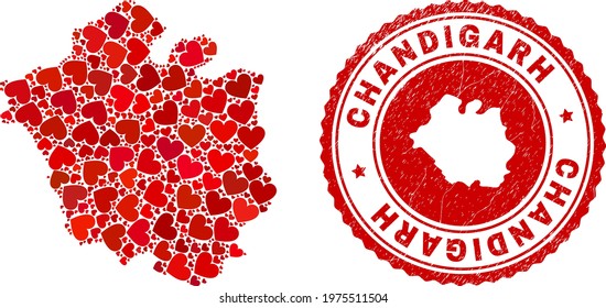Mosaic Chandigarh City map formed from red love hearts, and rubber seal stamp. Vector lovely round red rubber seal stamp imprint with Chandigarh City map inside.