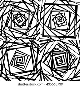 Mosaic of chaotic irregular, random squares. Repeatable background pattern. Rough abstract monochrome texture in black and white