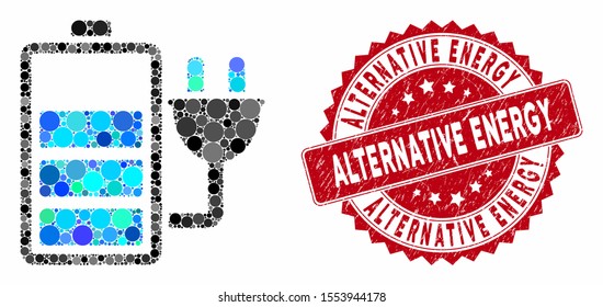 Mosaic charge battery and rubber stamp watermark with Alternative Energy phrase. Mosaic vector is created from charge battery icon and with randomized round spots.