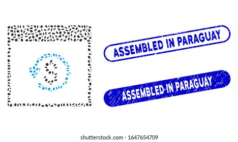 Mosaic chargeback calendar page and rubber stamp watermarks with Assembled in Paraguay text. Mosaic vector chargeback calendar page is composed with randomized ellipse parts.