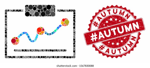 Mosaic chart and corroded stamp seal with #Autumn text. Mosaic vector is created with chart icon and with scattered circle spots. #Autumn seal uses red color, and grunge design.