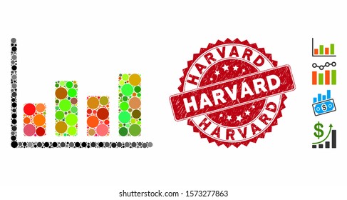 Mosaic chart icon and corroded stamp seal with Harvard caption. Mosaic vector is formed with chart icon and with random spheric elements. Harvard seal uses red color, and grunged design.
