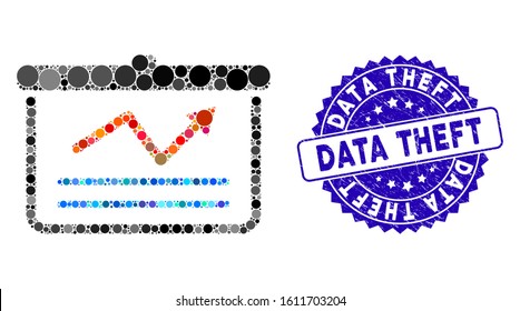Mosaic chart icon and distressed stamp seal with Data Theft phrase. Mosaic vector is created with chart icon and with random spheric elements. Data Theft stamp seal uses blue color,