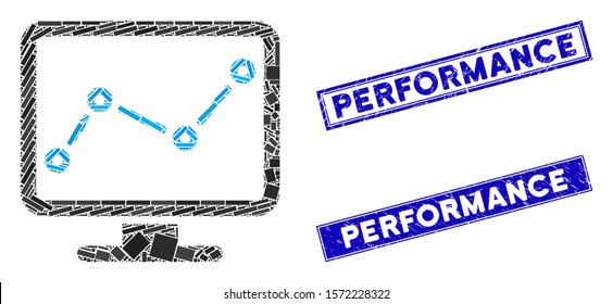 Mosaic chart monitoring pictogram and rectangular Performance watermarks. Flat vector chart monitoring mosaic pictogram of scattered rotated rectangular items.
