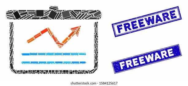 Mosaic chart pictogram and rectangle Freeware seal stamps. Flat vector chart mosaic pictogram of scattered rotated rectangle elements. Blue Freeware seal stamps with scratched texture.