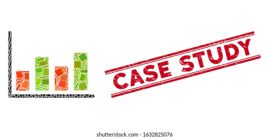 Mosaic chart pictogram and red Case Study seal stamp between double parallel lines. Flat vector chart mosaic pictogram of random rotated rectangular items.