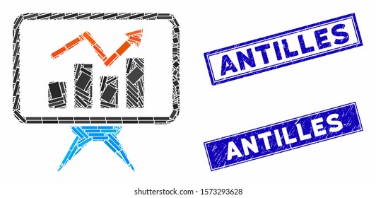 Mosaic chart report panel icon and rectangle Antilles seals. Flat vector chart report panel mosaic icon of randomized rotated rectangular items. Blue Antilles seals with corroded surface.