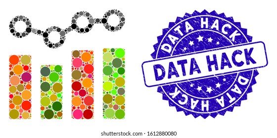Mosaic chart trend icon and grunge stamp seal with Data Hack caption. Mosaic vector is composed with chart trend icon and with random round items. Data Hack stamp seal uses blue color,