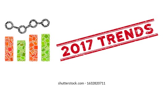 Mosaic chart trend icon and red 2017 Trends stamp between double parallel lines. Flat vector chart trend mosaic icon of randomized rotated rectangle items.