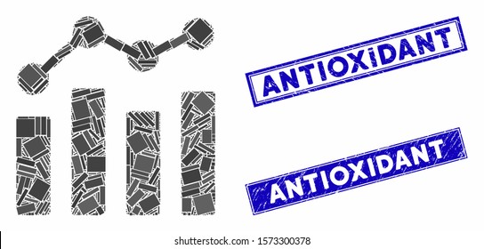 Mosaic charts icon and rectangle Antioxidant seal stamps. Flat vector charts mosaic icon of random rotated rectangle items. Blue Antioxidant seal stamps with scratched textures.