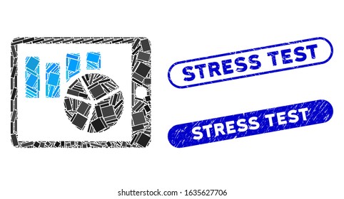 Mosaic charts on PDA and rubber stamp seals with Stress Test text. Mosaic vector charts on PDA is formed with random rectangle items. Stress Test stamp seals use blue color,