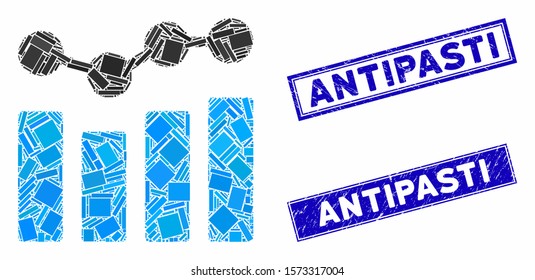 Mosaic charts pictogram and rectangular Antipasti watermarks. Flat vector charts mosaic pictogram of scattered rotated rectangular items. Blue Antipasti watermarks with grunge surface.