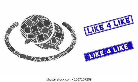 Mosaic chat pictogram and rectangular seal stamps. Flat vector chat mosaic pictogram of randomized rotated rectangle items. Blue caption seal stamps with grunge surface.