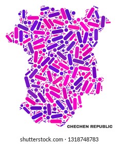 Mosaic Chechen Republic map isolated on a white background. Vector geographic abstraction in pink and violet colors. Mosaic of Chechen Republic map combined of random circle points and lines.