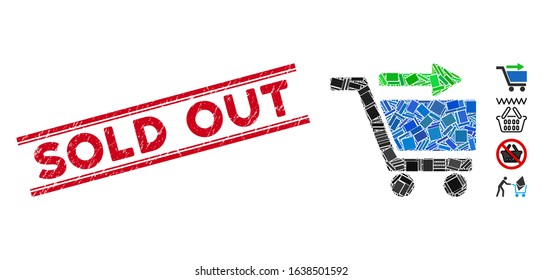 Mosaic check out cart pictogram and red Sold Out stamp between double parallel lines. Flat vector check out cart mosaic pictogram of randomized rotated rectangular items.
