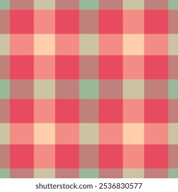 Mosaic check plaid texture, heritage vector textile seamless. Glamor tartan fabric pattern background in red and pastel colors palette.