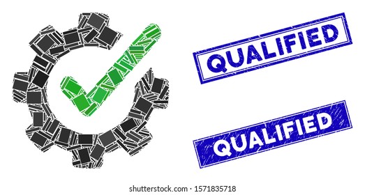 Mosaic checking asistance icon and rectangular Qualified seals. Flat vector checking asistance mosaic icon of random rotated rectangle elements. Blue Qualified rubber seals with distress textures.