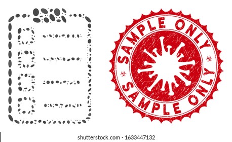 Mosaic checklist pad icon and red round corroded stamp seal with Sample Only caption and coronavirus symbol. Mosaic vector is created from checklist pad icon and with randomized elliptic elements.