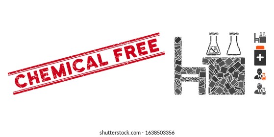 Mosaic chemical desk icon and red Chemical Free seal stamp between double parallel lines. Flat vector chemical desk mosaic icon of random rotated rectangular elements.